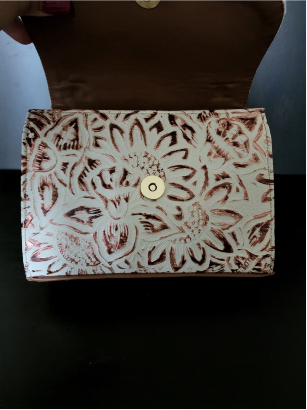 White Bronze Brown Sunflower Embossed Tooled Artisan Leather Crossbody Purse - Picture 10 of 16